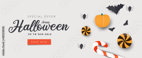 Happy Halloween calligraphy with spiders ,candy, bats and pumpkins. banners party invitation.Vector illustration.