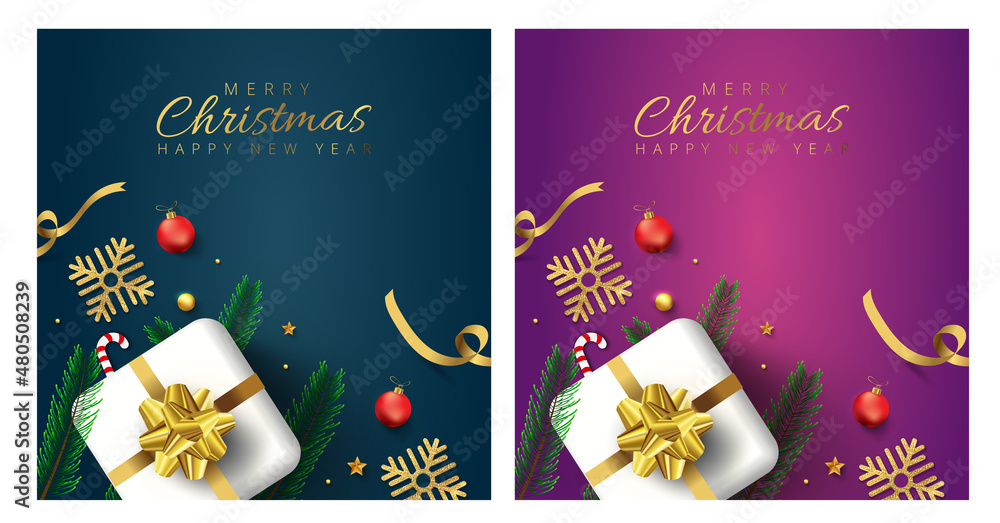 Merry christmas and Happy New Year greeting card design with top view of stars, tree pines and gift box decoration on 2 different color background.