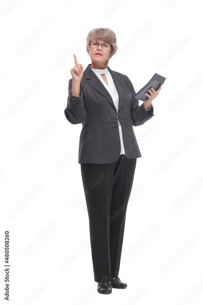 The elderly woman pointed at the calculator The elderly woman pointed at the calculator