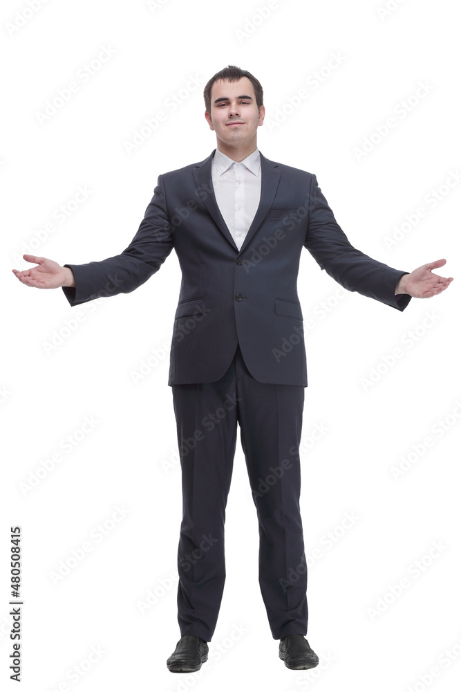 Happy businessman with open palm offering something. Happy businessman with open palm offering something.
