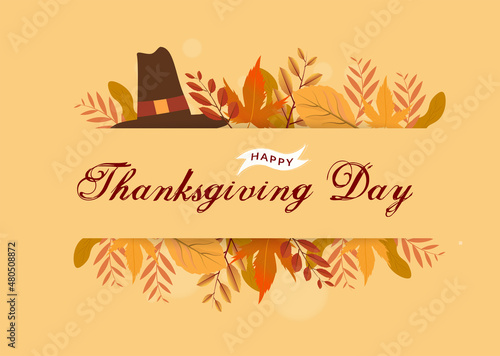 Thanksgiving flat banner or poster design with illustration of pilgrim hat and autumn leaves decorated on soft orange background.