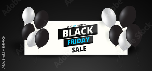 Upto 70% discount offer for Black Friday Sale text on black and white ballons background. Can be used as poster or template design.