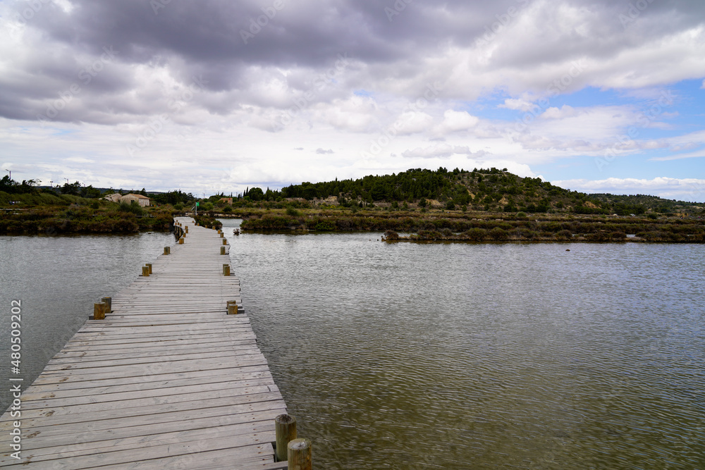 wooden pontoon on city Peyriac-de-Mer in aude south french countries