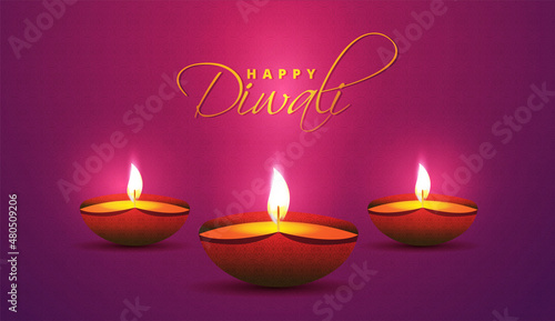 Website header or banner design with realistic oil lamp on purple background for Diwali Festival celebration.