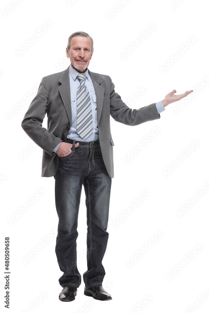 Full length of smiling senior business man giving thumb up and holding a hand into suit pocket Full length of smiling senior business man giving thumb up and holding a hand into suit pocket