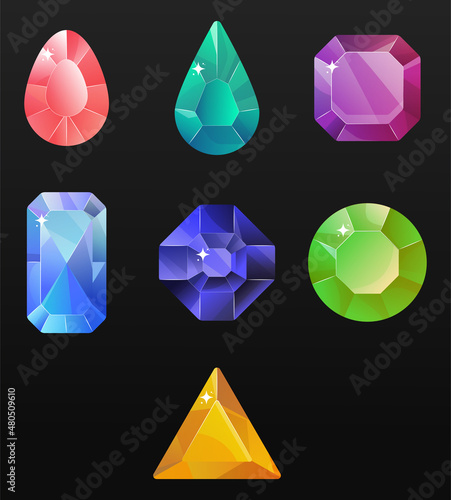 Set of seven elements with spheres for game design. Various colored gems. Templates for mobile, client and browser applications. Volumetric vector colorful objects for stylization.