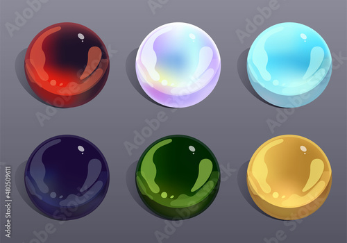 Set of six elements with spheres for game design. Round gems, treasures. Templates for mobile, client and browser applications. Volumetric vector colorful objects for stylization.