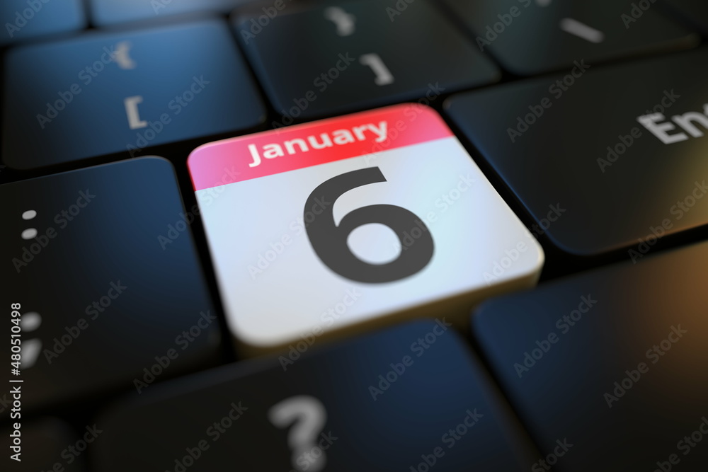 January 6 on a keyboard key, 3d rendering January 6 on a keyboard key, 3d rendering