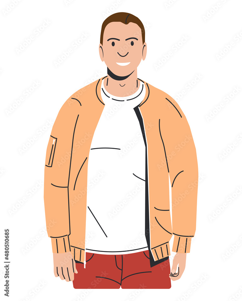 Fototapeta premium Young Caucasian Man in Bomber Isolated. Stylish White Guy in Summer Jacket and Jeans. Elegant Smiling Male Character in Casual Clothes. Boy Stands and Smiles. Cartoon Flat Vector Illustration