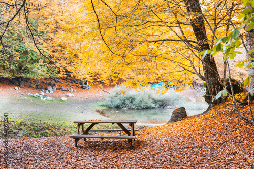 Beautiful autumn views of Nazli Lake with wooden table in (seven lakes) Yedigoller National Park.  photo