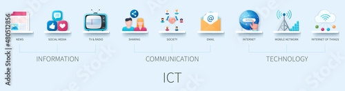 Information Communication Technology (ICT) banner with icons. News, social media, tv, radio, sharing, society, email, mobile network, internet, internet of things. Business concept