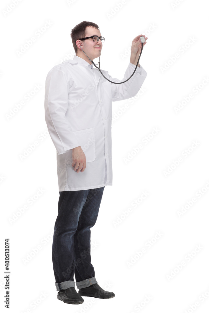 Portrait of male doctor with coat holding stethoscope. Portrait of male doctor with coat holding stethoscope.