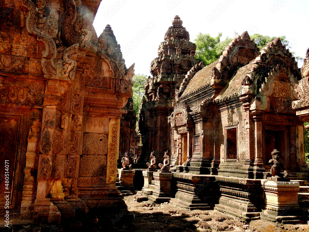 Banteay Srey is a 10th-century Cambodian temple dedicated to the Hindu god Shiva. Located in the area of Angkor, it lies near the hill of Phnom Dei.         