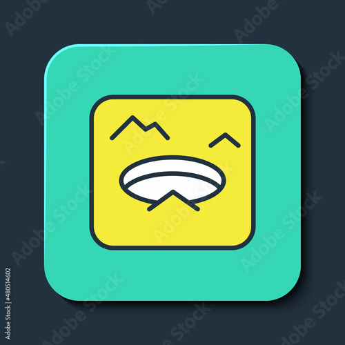 Filled outline Winter fishing icon isolated on blue background. Round ice frame. Hole in ice. Turquoise square button. Vector