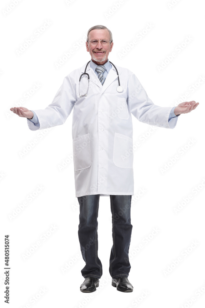 Doctor making a welcome gesture and smiling Doctor making a welcome gesture and smiling