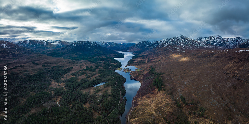 Aerial view of Glen Affric in the highlands of Scotland near Inverness and Canich showing the flat calm lochs amongst Munro mountains
