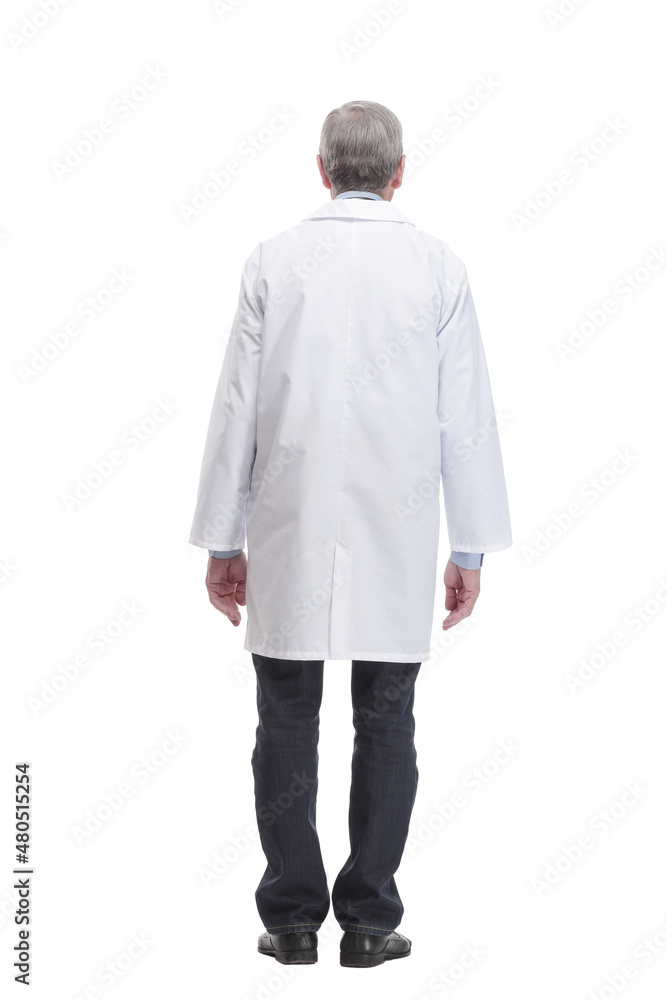Back view of senior professional scientist man wearing white coat over isolated background