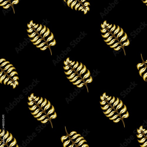 Abstract seamless tropical pattern with bright gold leaves and plants on dark background. Seamless exotic pattern with tropical laves. Exotic wallpaper. fashionable print texture. decorative wallpaper