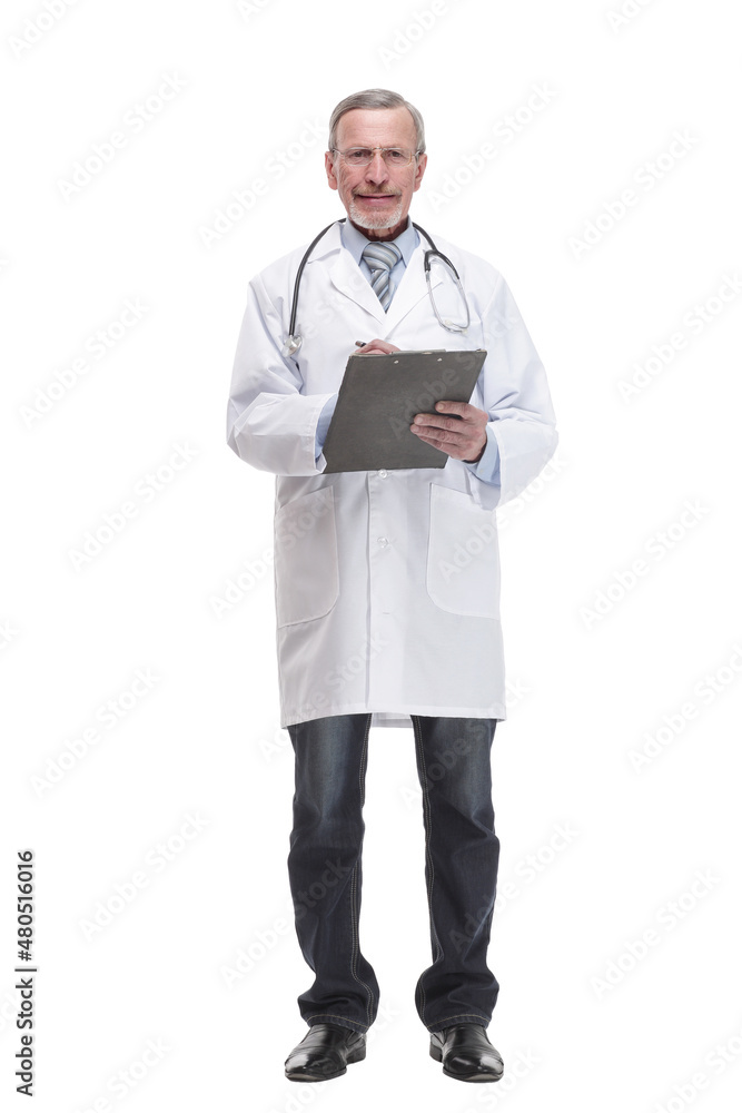 Portrait of confident mature doctor showing his business card and smiling