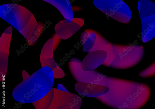 Abstract multicolor liquid pattern. Colorful fluid overlapping shapes on black background. Glowing blue and red neon lights illustration.