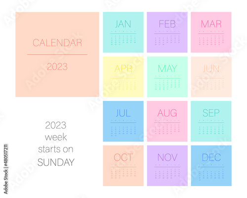 Calendar template for 2023. Square design with bright pastel and neon colors. Desk or wall calendar 12 months with cover. Vector mesh. Week starts on Sunday.