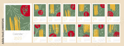 Botanical calendar template for 2023. Vertical design with abstract natural floral branch. Editable illustration page template A4  A3  set of 12 months with cover. Vector mesh. Week starts on Sunday.