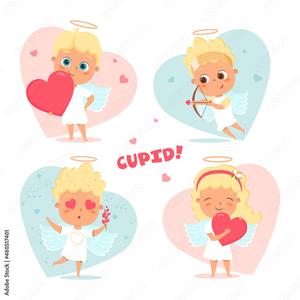 Amour angel. Cute funny cupid little god Eros greece kids with heart bow hunters romantic vector illustration. Valentine amur angel with heart, cupid love cupid, heart hunters romantic characters Amour angel. Cute funny cupid little god Eros greece kids with heart bow hunters romantic vector illustration. Valentine amur angel with heart, cupid love cupid, heart hunters romantic characters