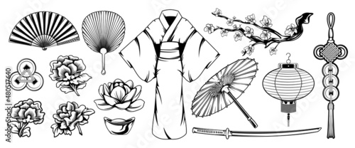 Asian set
Asian elements vector collection. Eastern culture symbols. Chinese lantern, fan, coins amulet. Japanese kimono, umbrella, fan. Samurai katana sword. Peony, lotus, sakura flowers.
