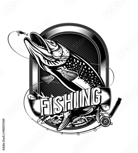 Pike fishing emblem. Pike fish logo vector. Outdoor fishing background theme. Angry fish logo.