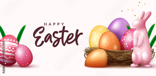 Easter season vector design. Happy easter text with 3d realistic bunny figurine and colorful eggs pattern prints elements for seasonal holiday egg hunt celebration. Vector illustration.
