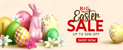 Easter sale vector banner design. Big easter sale text up to 50% off promotion with 3d realistic bunny and eggs for seasonal shop discount advertisement. Vector illustration.
