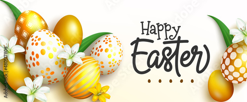 Easter season vector background design. Happy easter text with 3d golden eggs in decoration pattern for egg hunt seasonal celebration greeting messages. Vector illustration.
