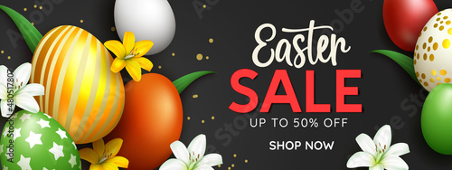 Easter sale vector banner design. Easter sale text  up to 50% off discount with 3d egg patterns in black elegant background for seasonal clearance promotion ads. Vector illustration.
