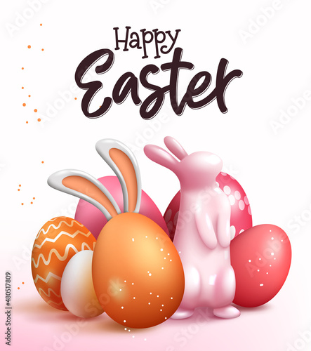 Easter greeting vector design. Happy easter text with 3d realistic bunny figurine and colorful eggs elements for holiday egg hunt season card decoration. Vector illustration.
