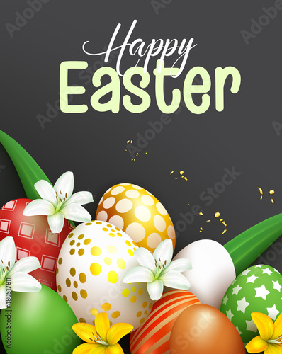 Easter season vector poster design. Happy easter greeting text with 3d flowers and eggs bunch in elegant background for seasonal holiday celebration. Vector illustration.
