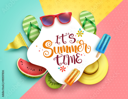 Summer time vector template design. It's summer time text in abstract shape and colorful pattern background with tropical season object elements for holiday season messages decor. Vector illustration.