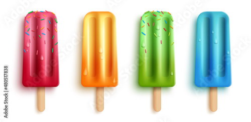 Popsicles element vector set design. 3d realistic popsicle dessert with sweet, fruity flavor like strawberry and orange isolated in white background for summer ice cream collection.