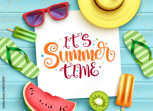 Summer vector template design. It's summer time typography text in white space with 3d tropical season objects background for holiday vacation messages decoration. Vector illustration.
