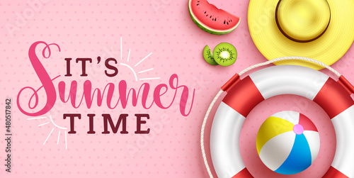 Summer time vector concept design. It's summer time typography text in pink pattern background with lifebuoy, beach ball and hat elements for tropical holiday season. Vector illustration.
