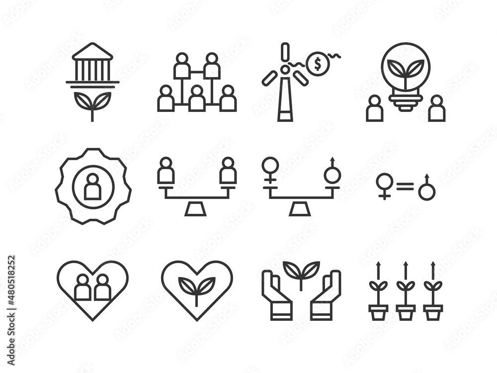 Set of environment, social, and governance(ESG)icons. Thin line icons such as sustainable ecological, save water and energy, honest people. Editable stroke. Pixel perfect 64x64 For web and mobile. Set of environment, social, and governance(ESG)icons. Thin line icons such as sustainable ecological, save water and energy, honest people. Editable stroke. Pixel perfect 64x64 For web and mobile.