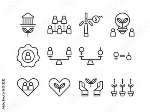 Set of environment, social, and governance(ESG)icons. Thin line icons such as sustainable ecological, save water and energy, honest people. Editable stroke. Pixel perfect 64x64 For web and mobile.