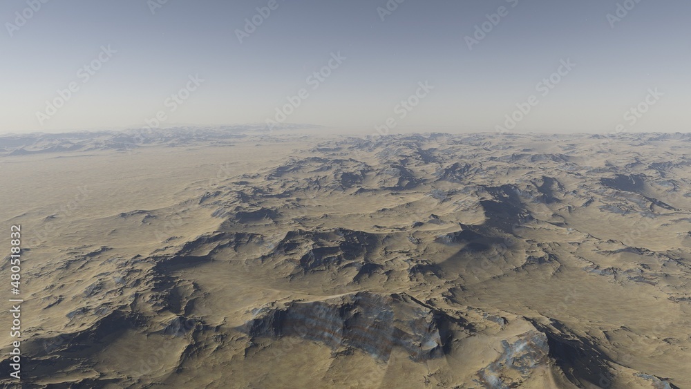 Fototapeta premium Exoplanet fantastic landscape. Beautiful views of the mountains and sky with unexplored planets. 3D illustration