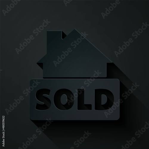 Paper cut Hanging sign with text Sold icon isolated on black background. Sold sticker. Sold signboard. Paper art style. Vector