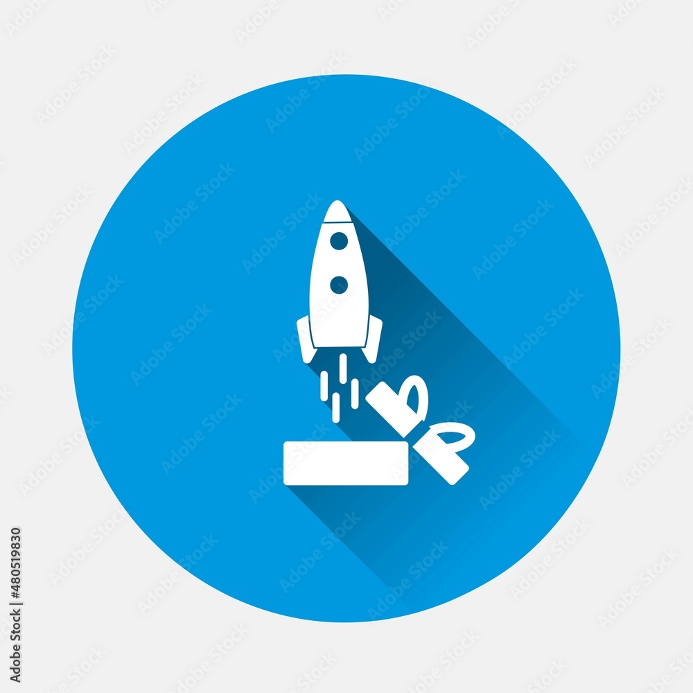 Rocket vector icon flying out of the box icon on blue background. Flat image with long shadow. Layers grouped for easy editing illustration. For your design.