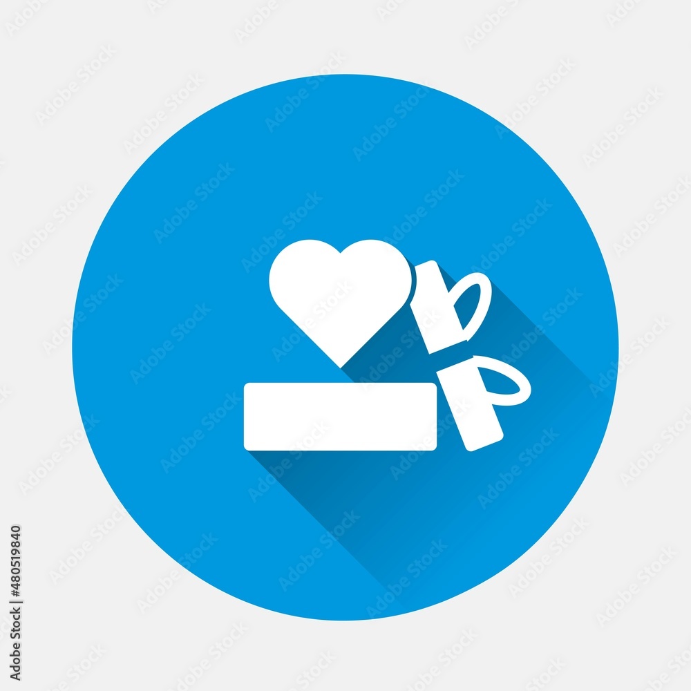 Vector icon friendship and love. Box with a gift and a heart icon on blue background. Flat image with long shadow. Layers grouped for easy editing illustration. For your design. Vector icon friendship and love. Box with a gift and a heart icon on blue background. Flat image with long shadow. Layers grouped for easy editing illustration. For your design.