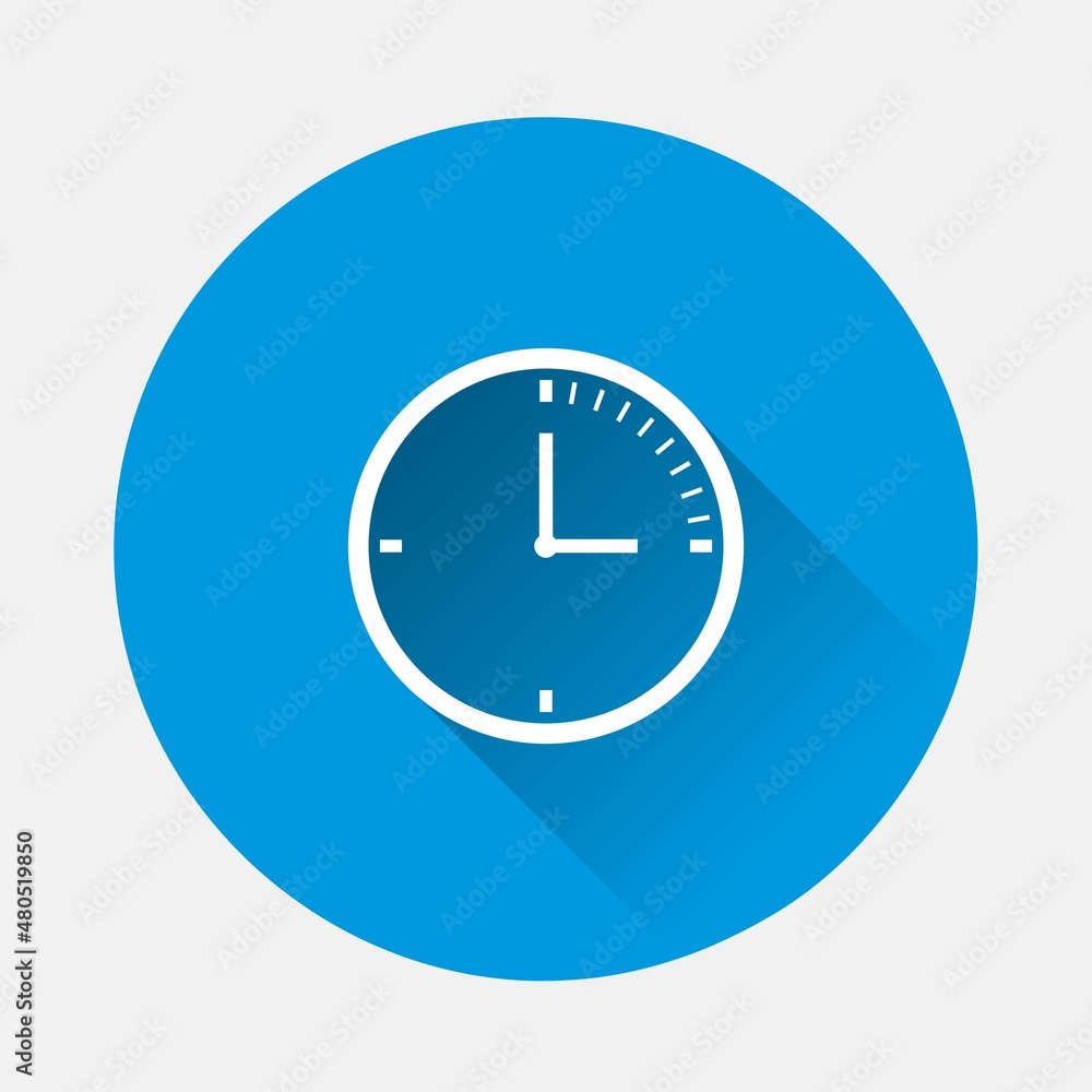 Clock icon on blue background. Flat image with long shadow. Layers grouped for easy editing illustration. For your design. Clock icon on blue background. Flat image with long shadow. Layers grouped for easy editing illustration. For your design.