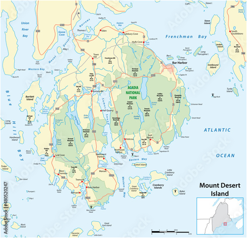 Roads and national park map of Mount Desert Island  Maine  United States