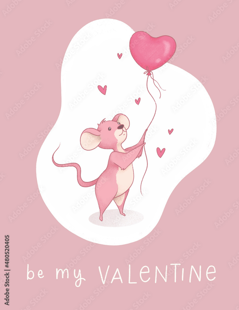 Cute Valentine's Day Card With A Mouse Holding A Heart Balloon Saying Be My Valentine