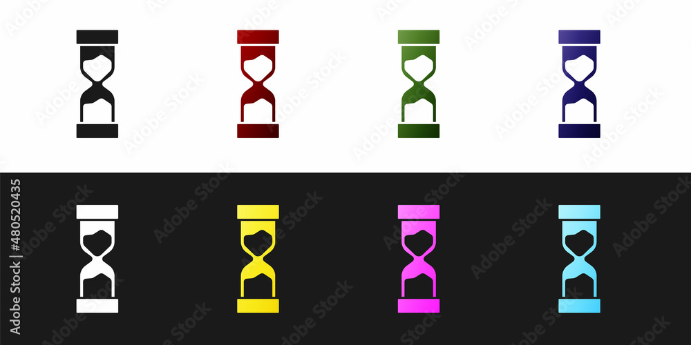 Set Old hourglass with flowing sand icon isolated on black and white background. Sand clock sign. Business and time management concept. Vector Set Old hourglass with flowing sand icon isolated on black and white background. Sand clock sign. Business and time management concept. Vector