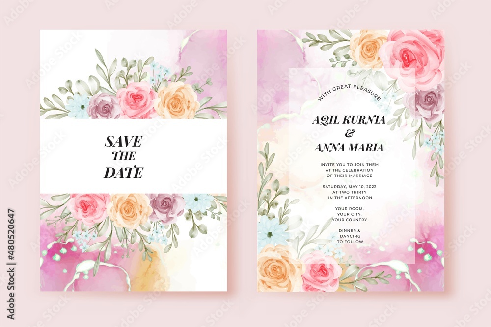 Romantic Wedding Invitation Set Rose Flower Template